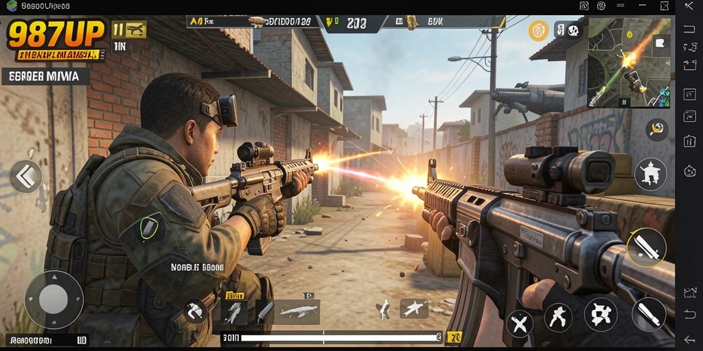 Screenshot gameplay 987UP yang menunjukkan aksi tembak-menembak mendebarkan.