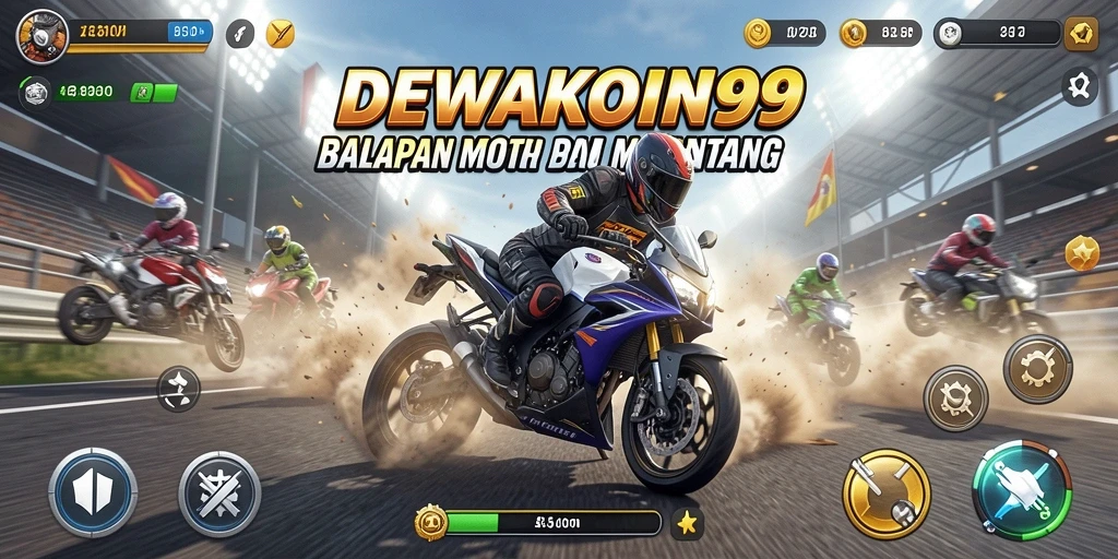 Tampilan gameplay seru dalam DEWAKOIN99 dengan aksi balapan motor.