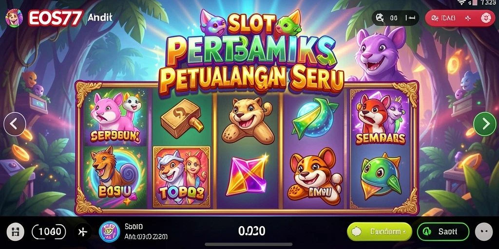 Screenshot gameplay <strong>EOS77</strong> yang menunjukkan gulungan penuh warna dan fitur bonus menarik.