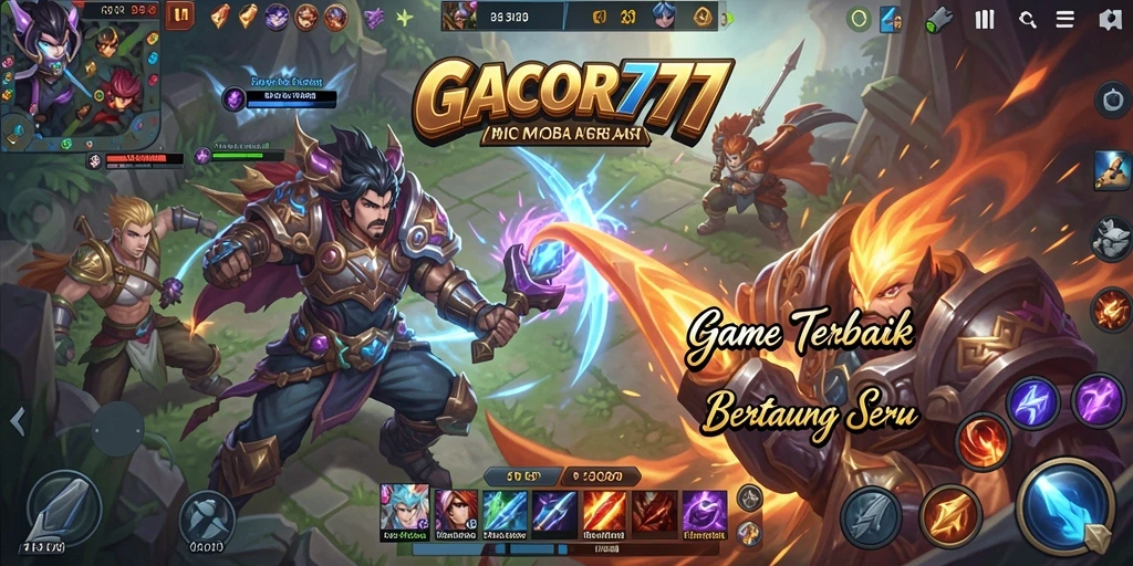 Screenshot utama GACOR777 menampilkan tim yang berjuang dengan strategi di medan perang.