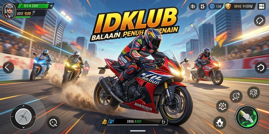 Screenshot IDKLUB menampilkan aksi balapan motor yang seru dan mendebarkan.