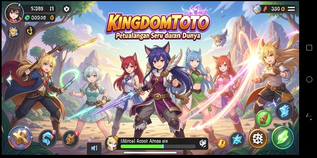 Tampilan gameplay KINGDOMTOTO yang penuh warna dan karakter menarik.