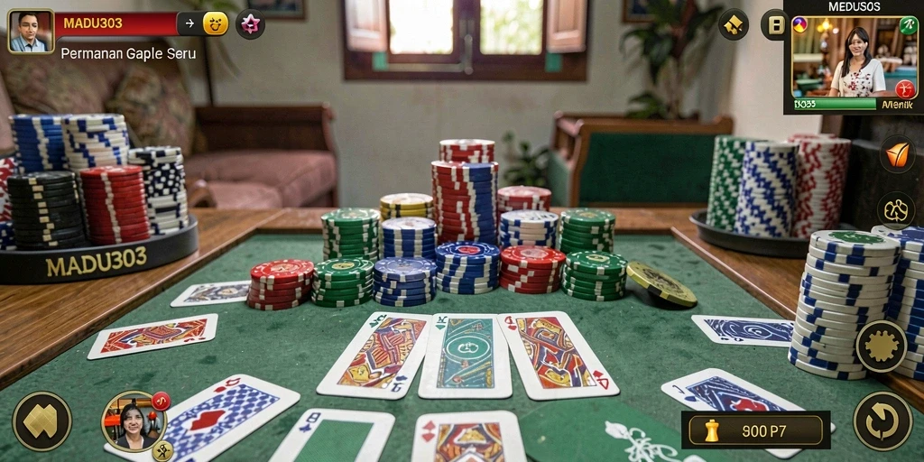 Tampilan gameplay MADU303 dengan suasana permainan Gaple yang seru.