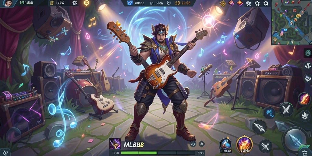 Screenshot gameplay MLBB8 menampilkan interaksi musik yang dinamis.