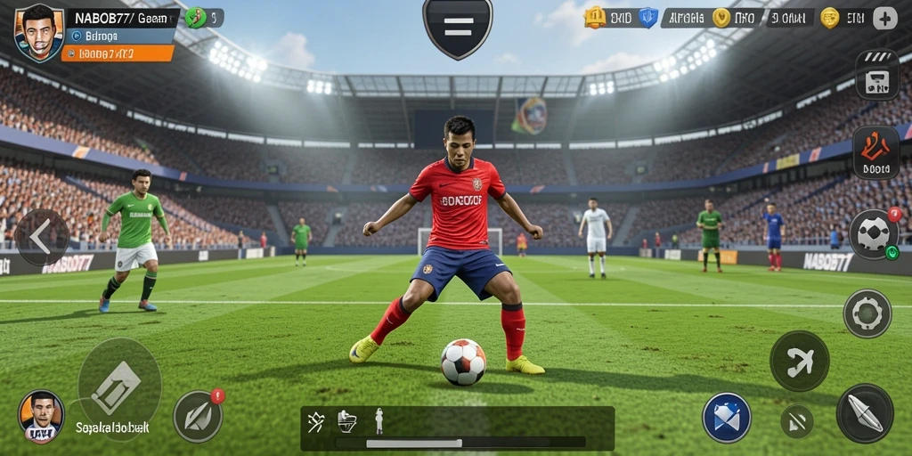 Tampilan gameplay NABOB77 menampilkan aksi seru di lapangan sepak bola.