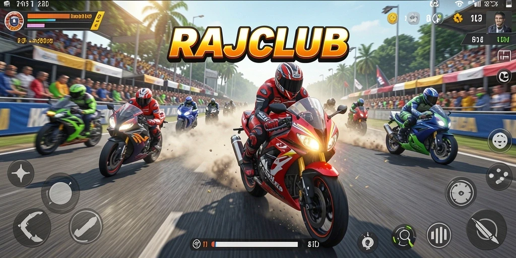 Tampilan gameplay seru di RAJACLUB dengan aksi balap motor.