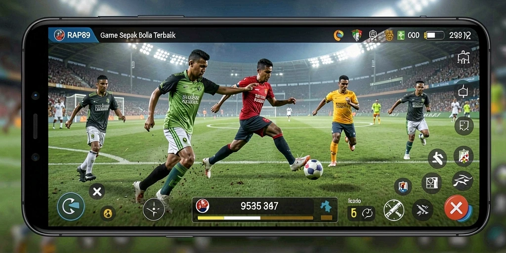 Tampilan gameplay realistis dengan aksi sepak bola yang mendebarkan.