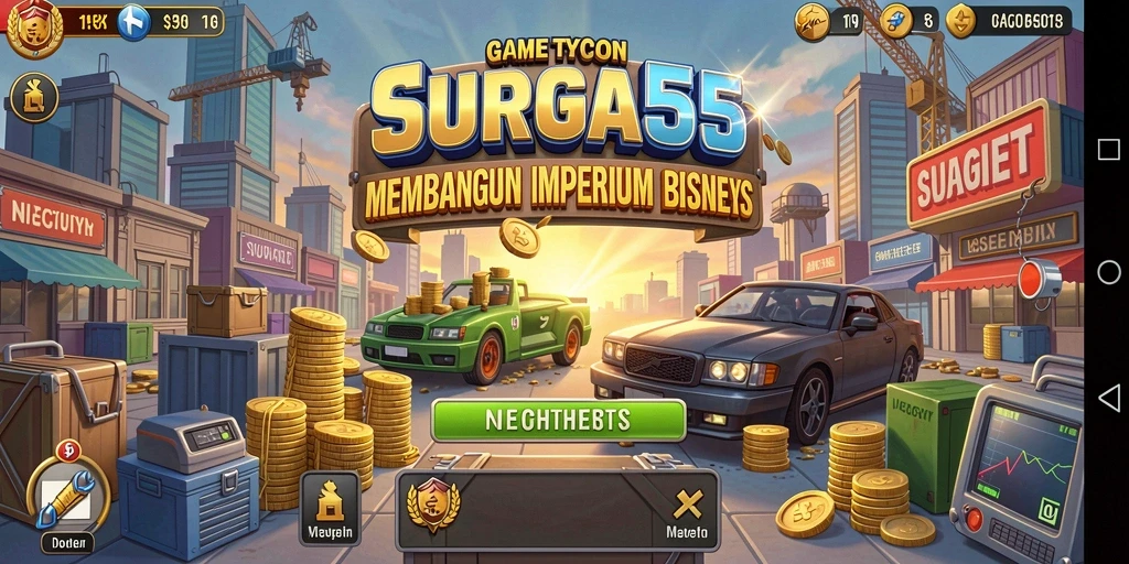 Tampilan gameplay <strong>SURGA55</strong> yang menampilkan strategi dan pembangun bisnis.