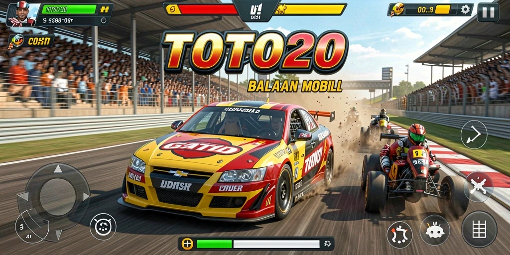 Screenshot TOTO20 menampilkan aksi balapan mobil yang seru.