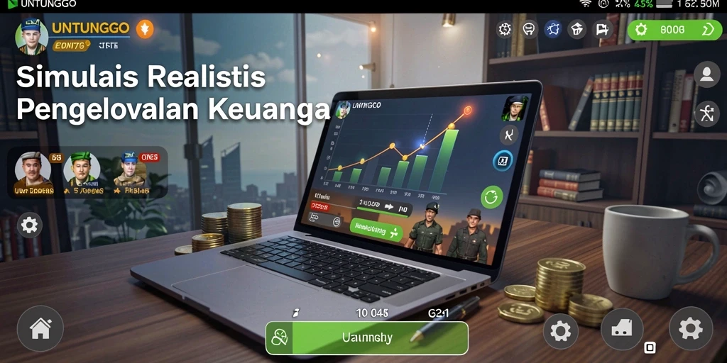 Tangkapan layar utama UNTUNGGO menampilkan gameplay pengelolaan keuangan yang realistis.